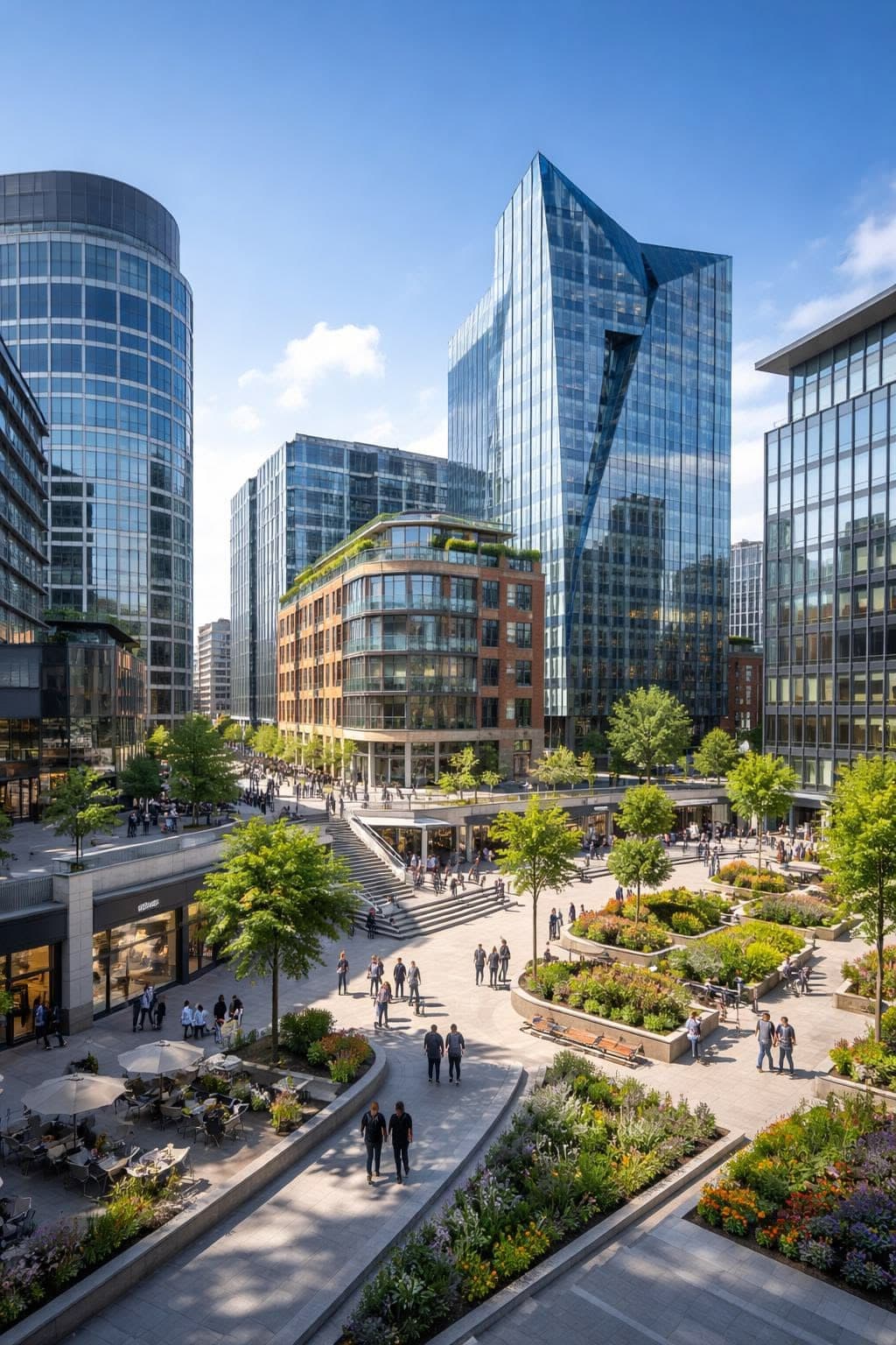 A landscaped public plaza between mixed-use towers, busy with people